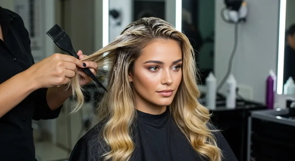 modelo pintando cabelo de loiro em salão