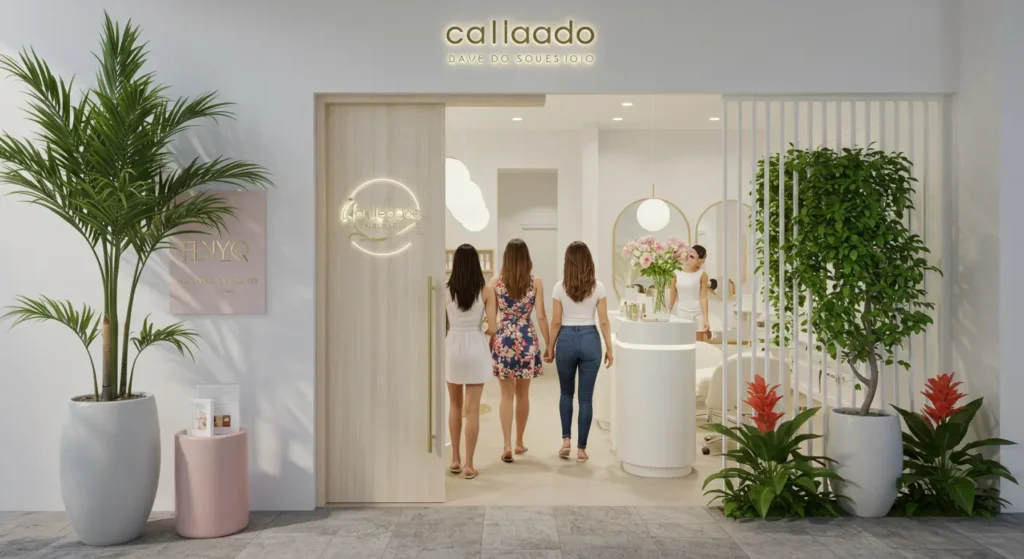 mulheres entrando no salão de beleza