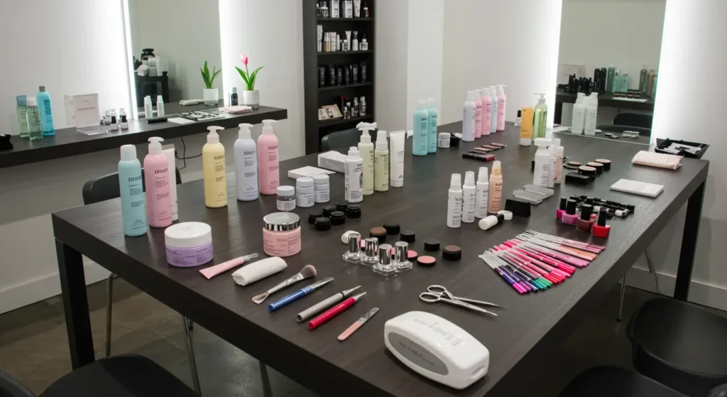 mesa com vários produtos de beleza