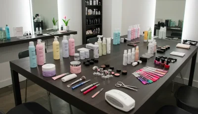 mesa com vários produtos de beleza